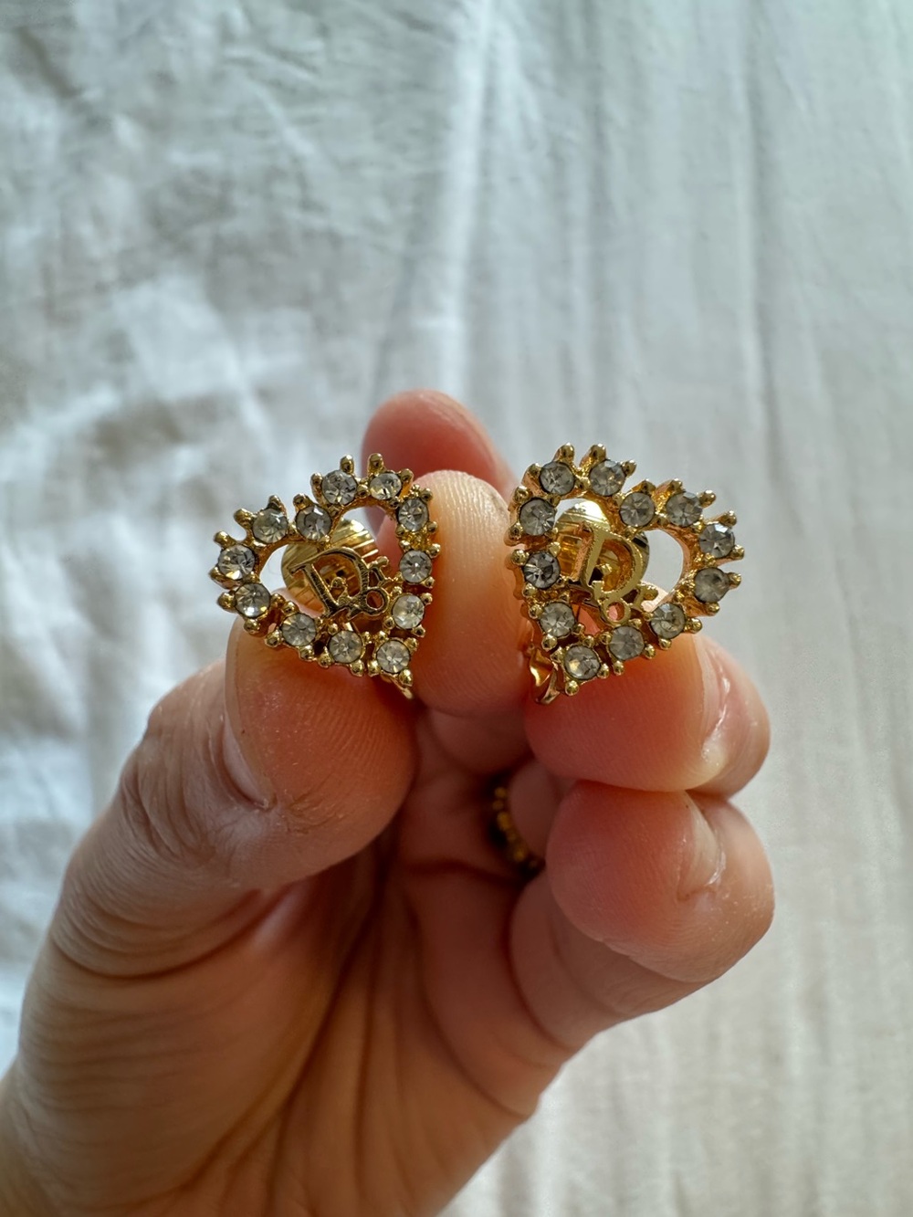 Authentic Christian Dior Gold tone Heart rhinestones Stud Earrings